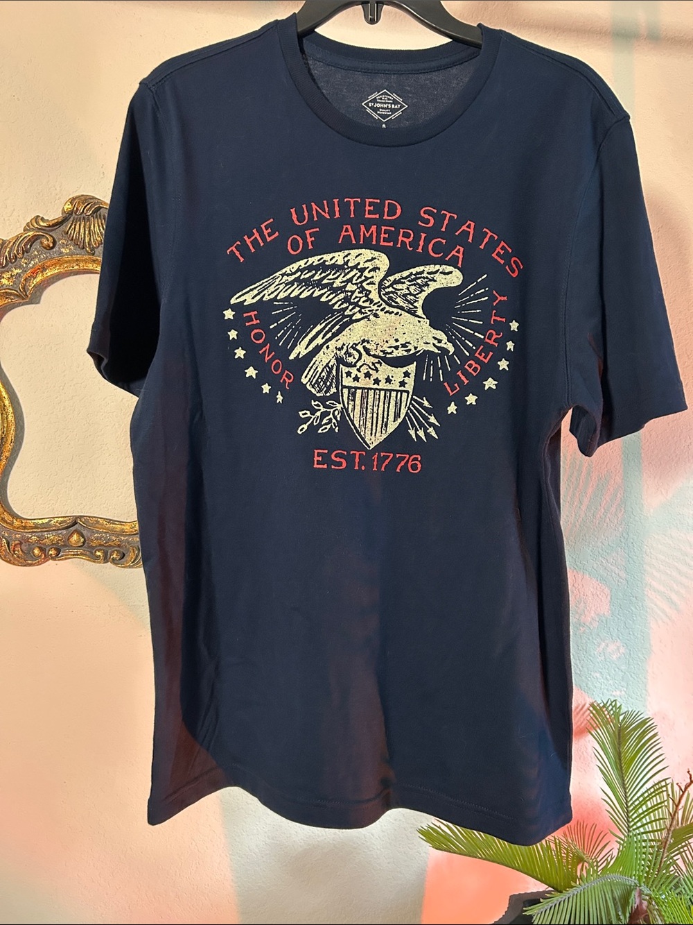 St. John's Bay Navy Short Sleeve Tee with Red and Cream Eagle Graphic